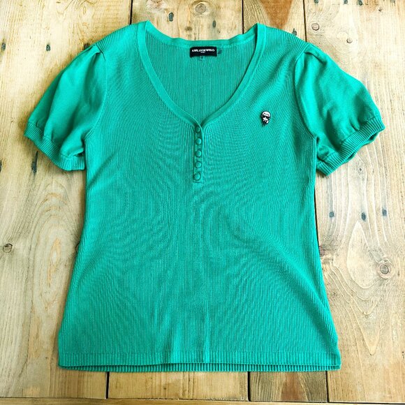 Karl Lagerfeld Green Sweater XL Short Sleeve‎ Patch Women's - Picture 1 of 6